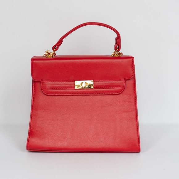 Small Structured Crossbody Purse, Satchel, Red w Gold Hardware & Removable Strap - Picture 4 of 7